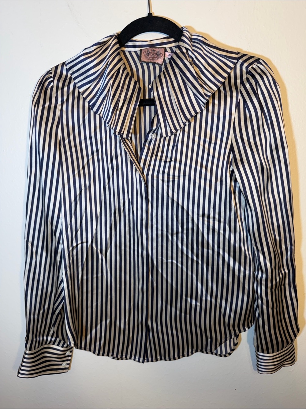 Juicy Couture Navy Ivory Vertical Stripe Silk Button-Down Blouse Ruffle Collar 4